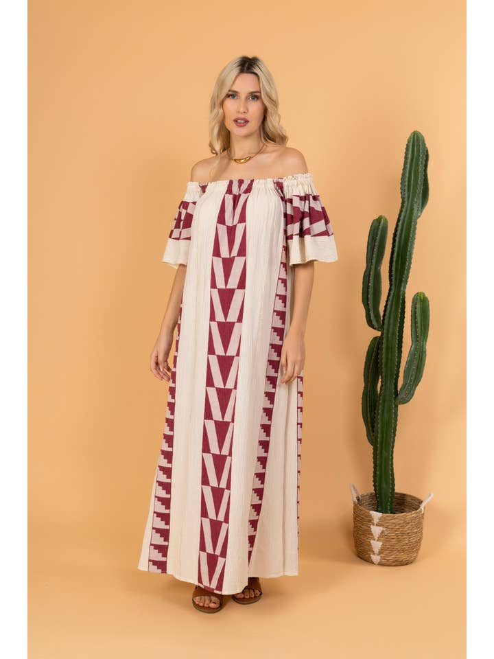 FAME GREECE – Großhandel Kleid – Damen – F-139 MYKONOS - Gewebtes Kleid aus Baumwoll-Jacquard mit kurzen Ärmeln