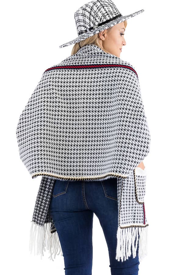 Cap Zone - Wholesale Poncho - Women's - Narrow Tri-Stripe Houndstooth Cardigan Sweater Poncho6