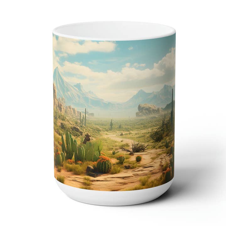 Caneca de café 15 onças Cactus Landscape Art Housede presentes de aniversário para festas Presente ao ar livre no deserto por atacado de Outlaw Design Crafts and Gifts