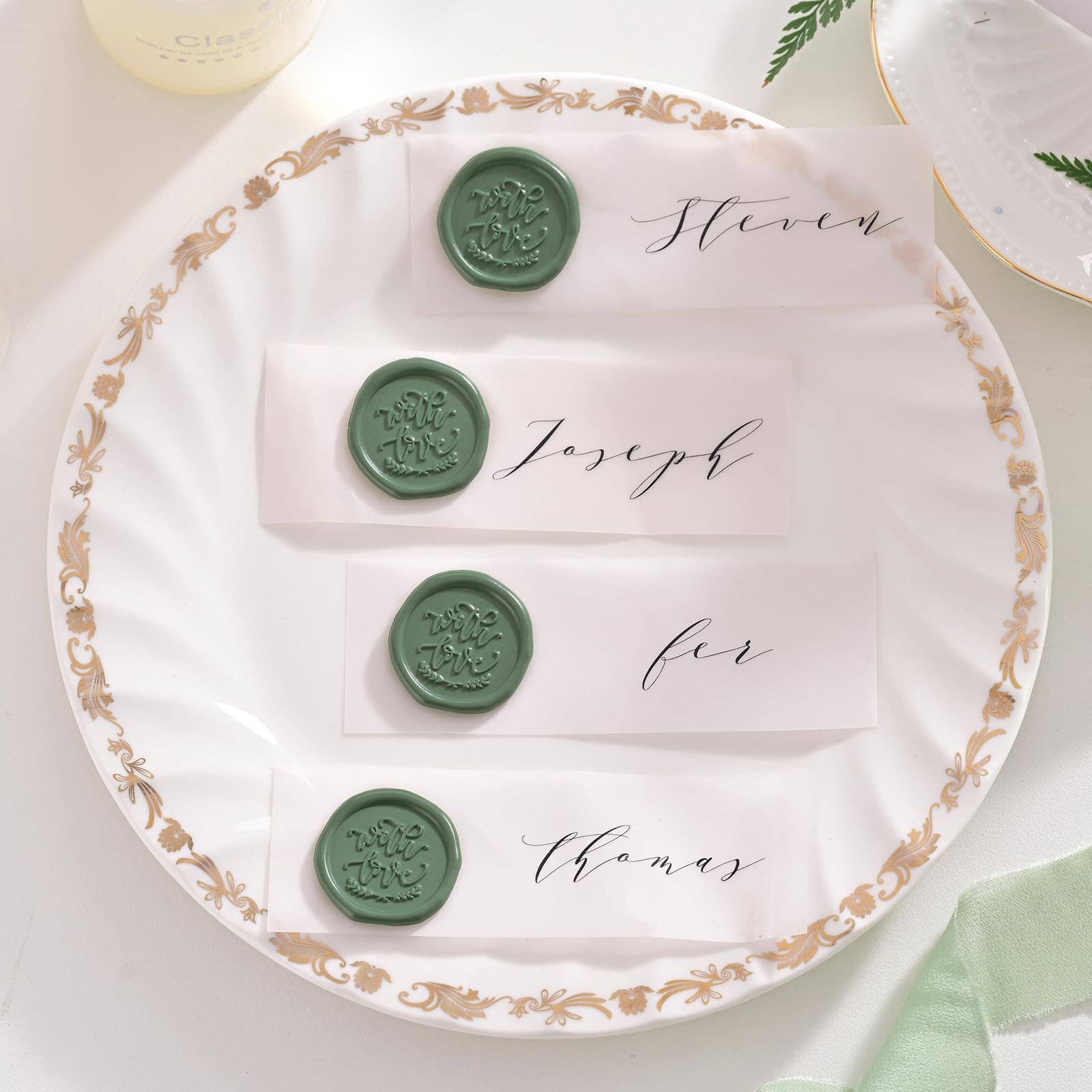 Posh Paper - Vente Cires à cacheter - 100 autocollants de sceau de cire - Sceaux de mariage vert olive, avec amour4