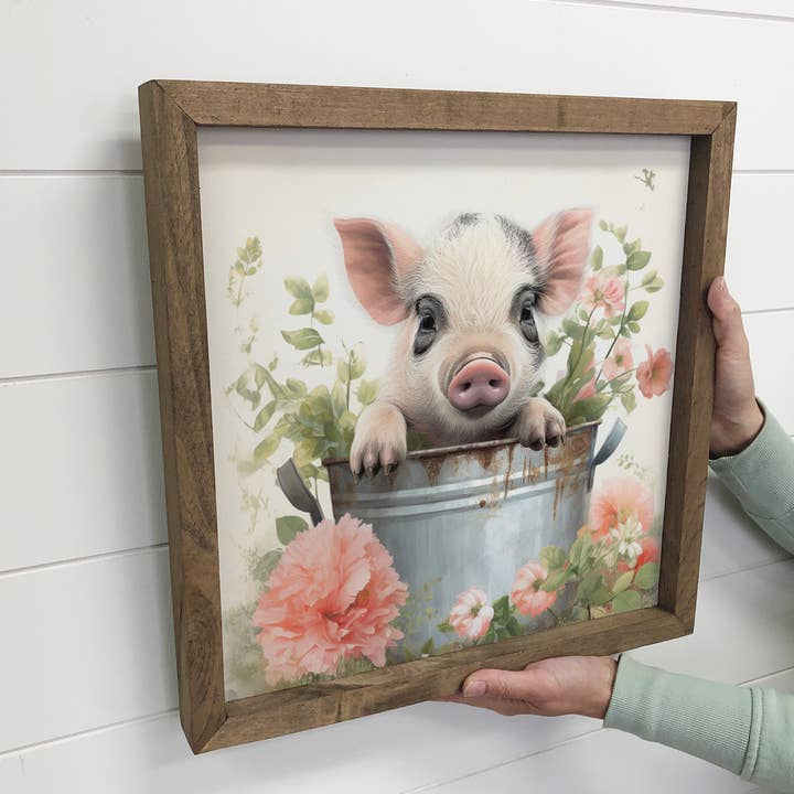 Hangout Home – wholesale Sign – Black White Pig in Tub - Cute Framed Animal Art - Farmhouse