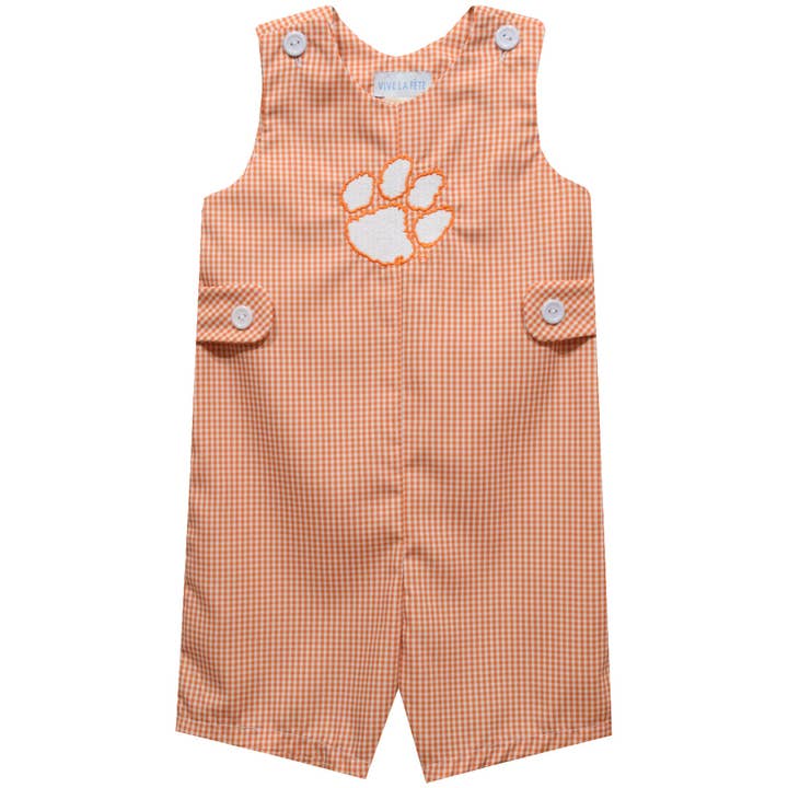 Clemson Tigers Embroidered Orange Gingham Boys Jon Jon for wholesale by Vive La Fete