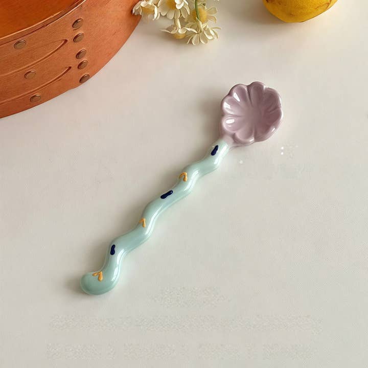 Otterware - Wholesale Table Spoon (Cutlery) - Whimsical Wavy Handle Flower Ceramic Dessert Spoons 4 colors2