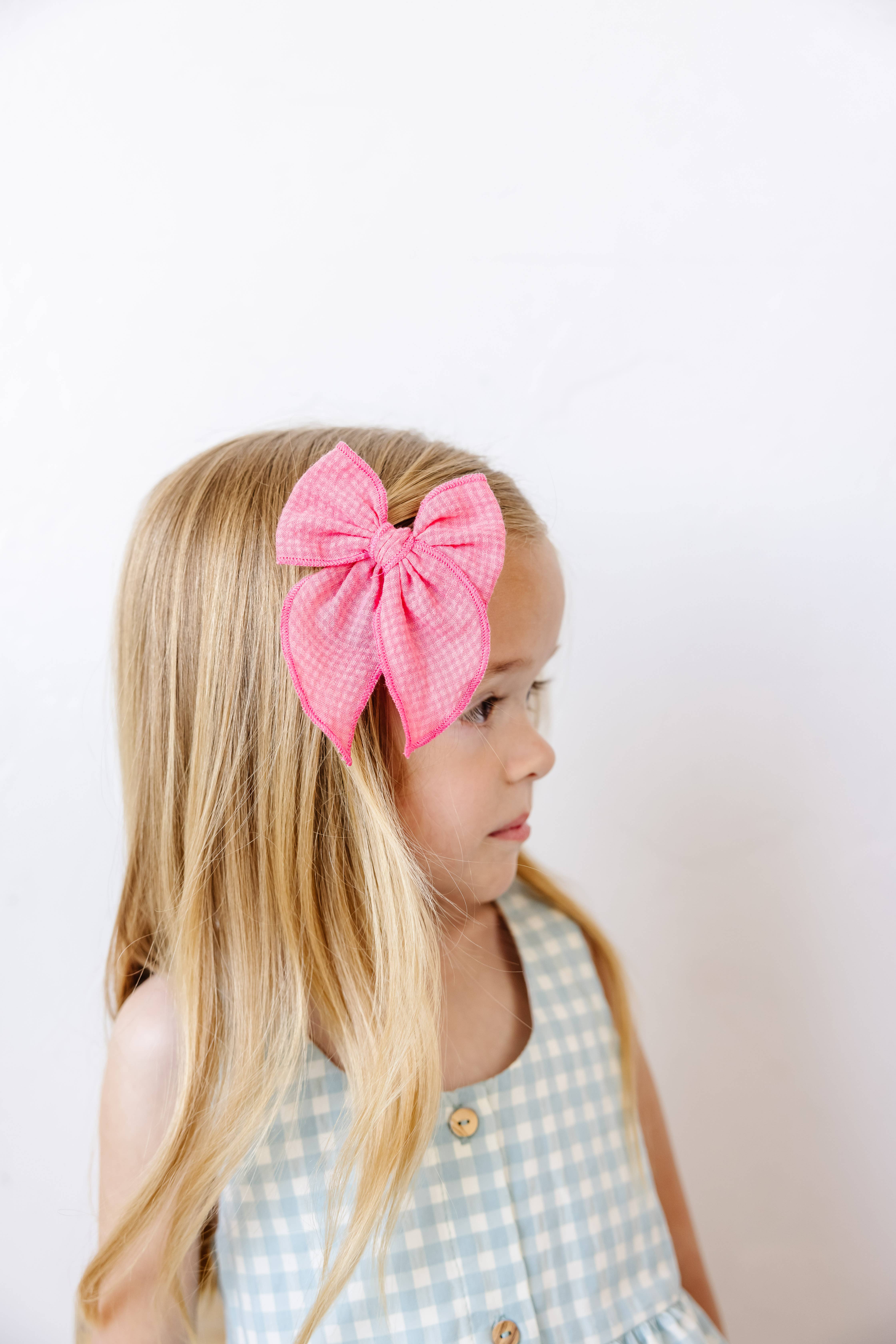 Little Poppy Co - Wholesale Hair Bow - Kids - Seersucker Check Claire Bow, Dark Pink1