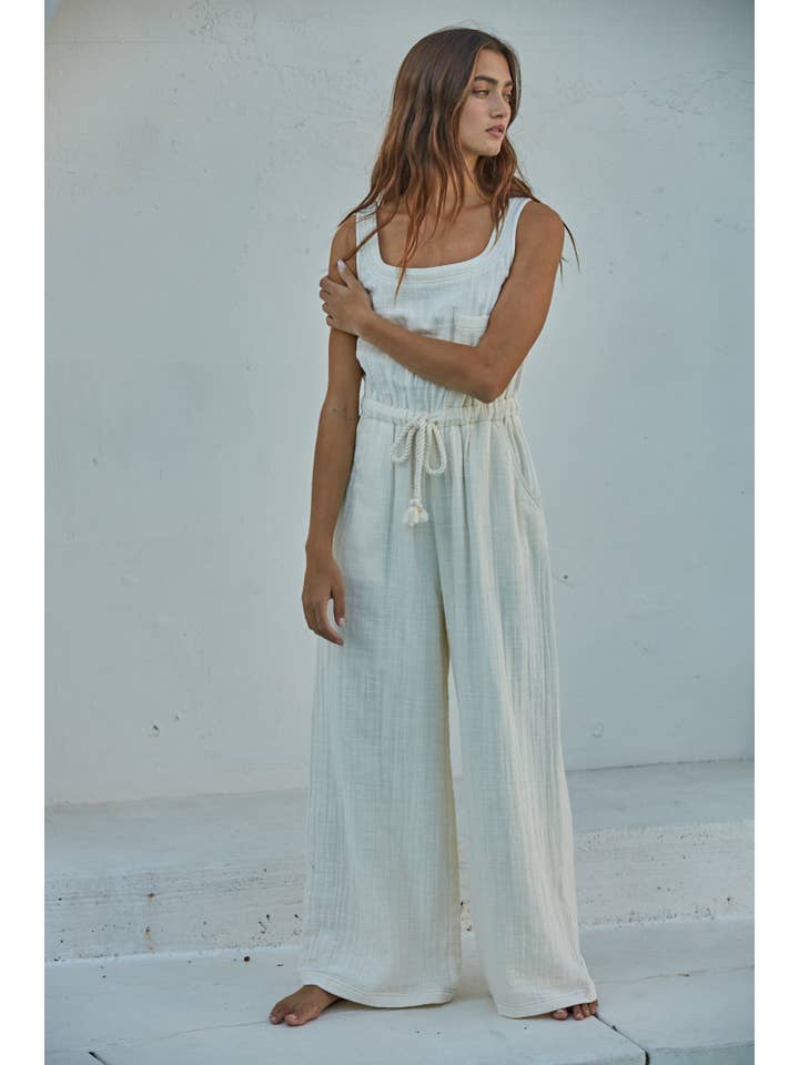 Ivory L7046 | Cotton Scoop Neck Sleeveless Wide Leg Jumpsuit for wholesale on Faire