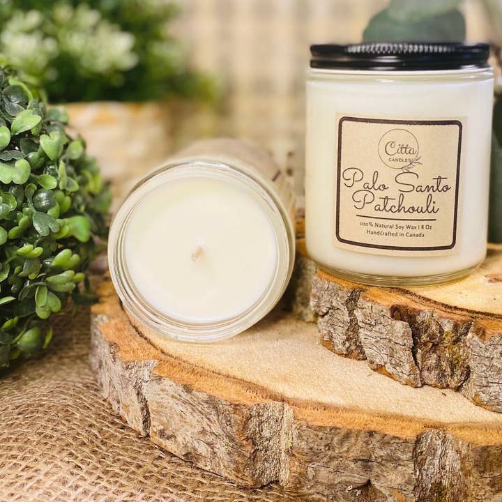 Palo Santo Patchouli Soy Wax Vegan Candle 8 oz Handmade for wholesale by Citta Candle Company Ltd.