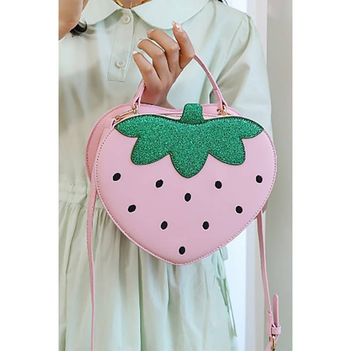 Girly - Wholesale Shoulder Bag - Women's - GLITTERY STRAWBERRY HANDBAG WITH SHOULDER STRAP