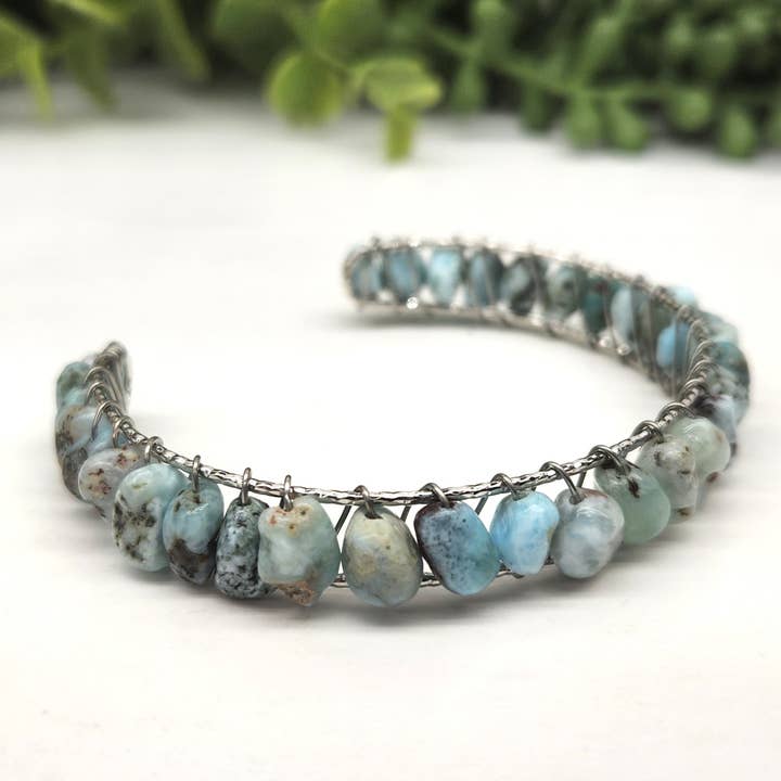 Meraki Gemstones - Wholesale Cuff bracelet - Larimar Bangle/Cuff/Wire Wrapped-18kt.White Gold Overlay0