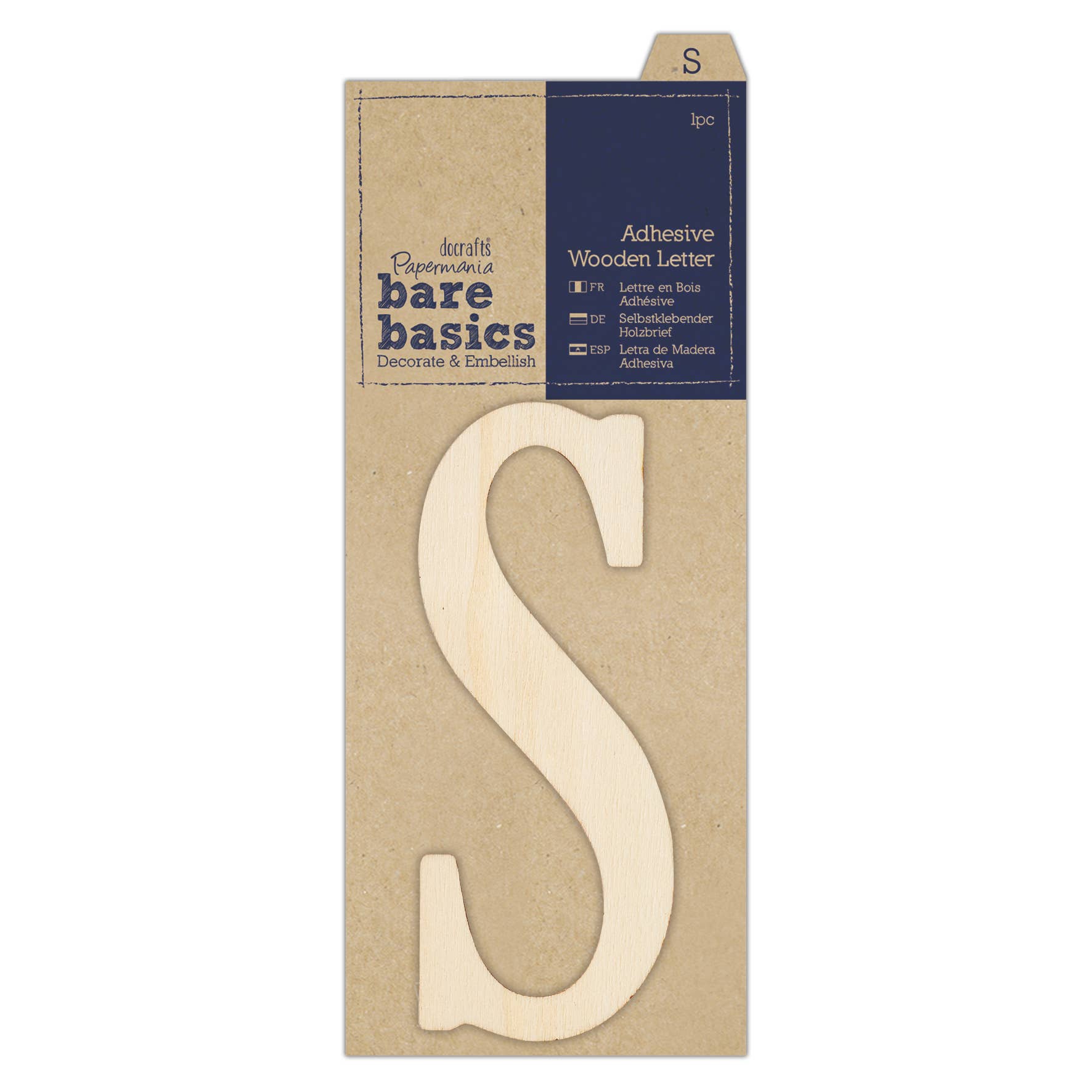 West Design Products – wholesale Craft supplies – Bare Basics - Adhesive Wooden Letter S (1pc)0
