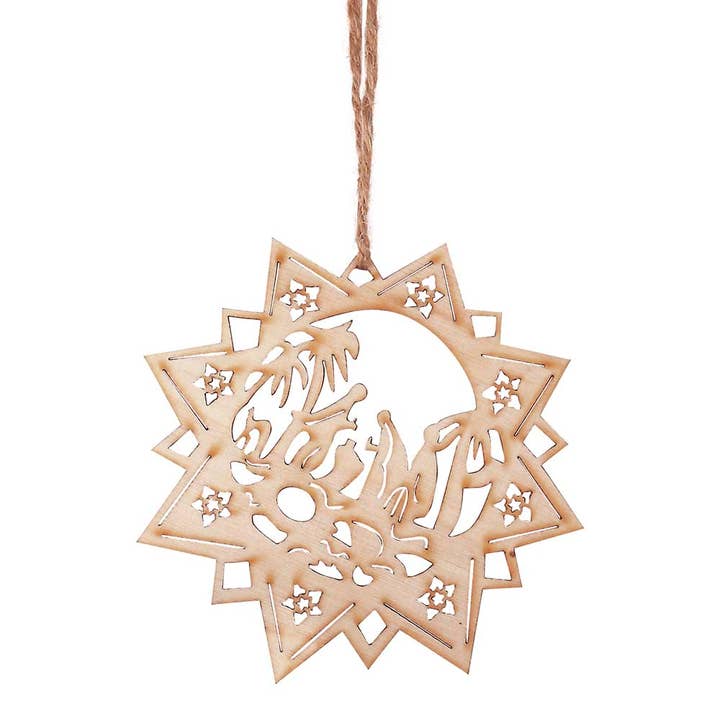 WOOD STAR ORNAMENT WITH CUTOUT HOLY FAMILY PALM TREES DESIGN for wholesale by Dicksons