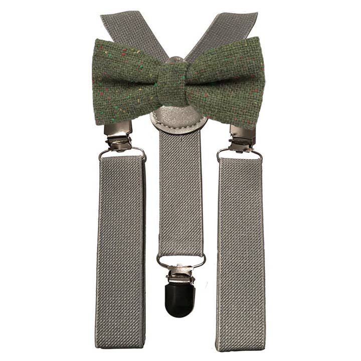 Nœud papillon en tweed vert olive pour garçons et bretelles grises pour la vente par Dickie Bow