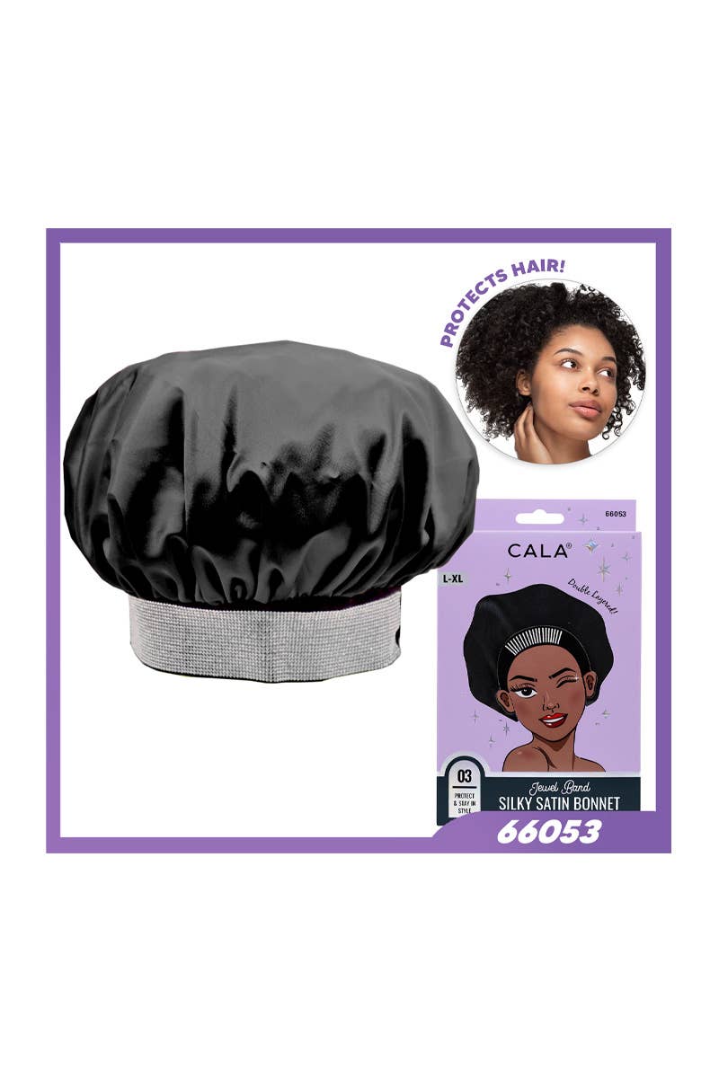 PINEAPPLE Beauty - Wholesale Sleep Cap / Bonnet - Women's - CALA 66053 Jewel Band Silky Satin Hair Bonnet Black - 6 pcs