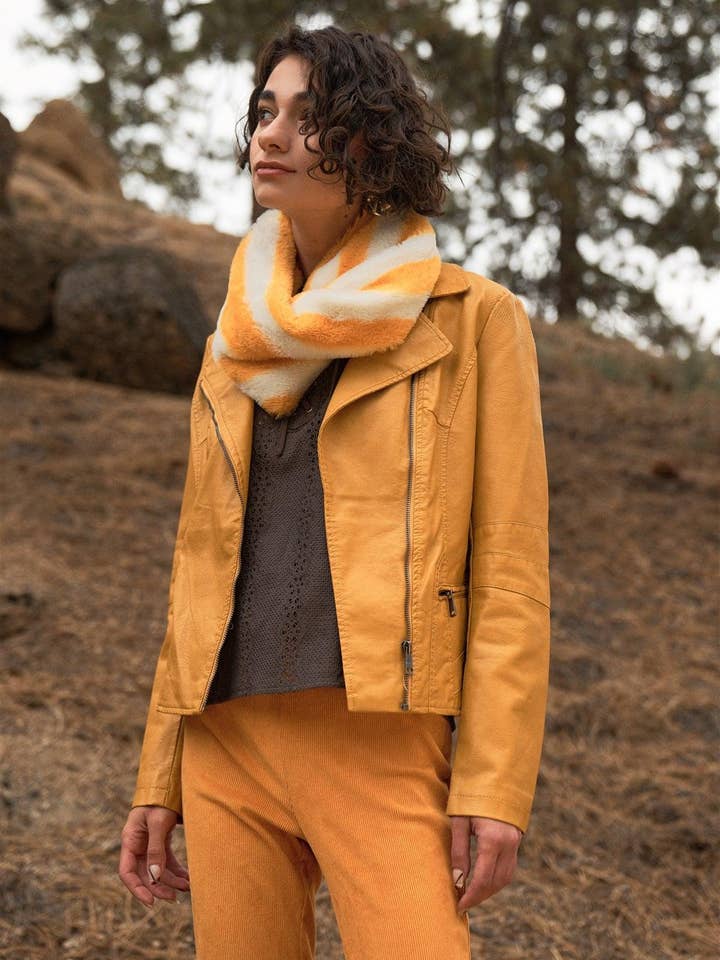 Mustard Striped Fuzzy Faux Fur Twisted Infinity Scarf /3 Pieces for wholesale by Tasha Apparel Wholesale