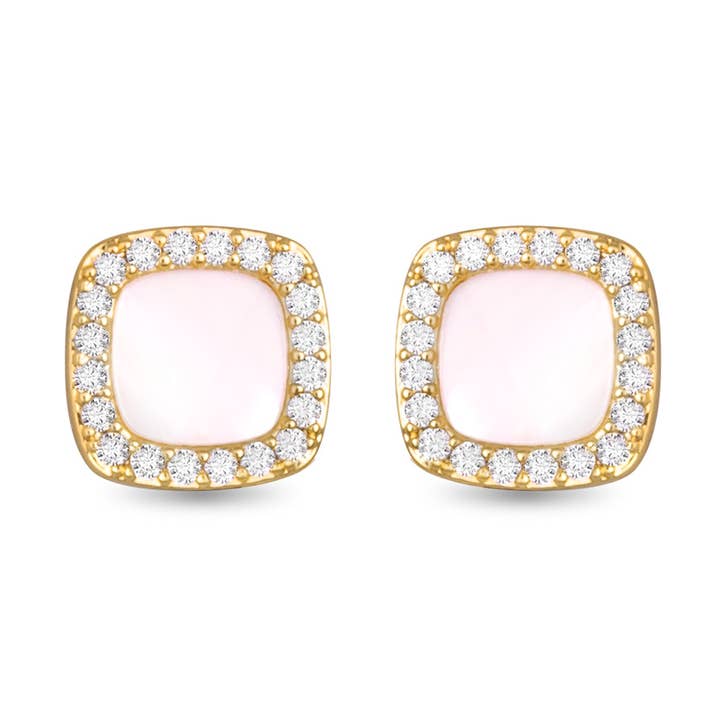 Petites boucles d'oreilles carrées en zircone cubique et nacre - Doré pour la vente par Amanda Blu