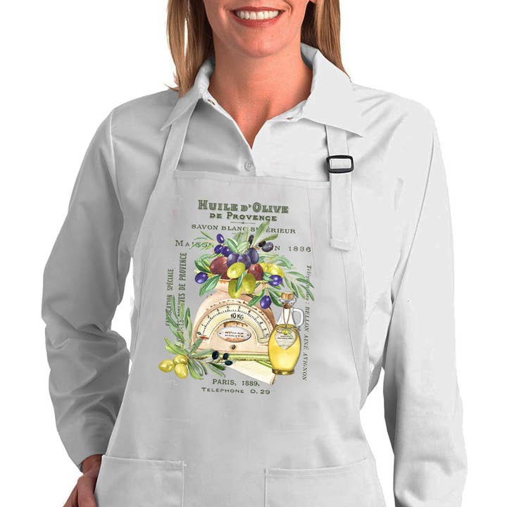 Country French Paris Huile D Olive Cotton Apron for wholesale by Avery Lane Gifts