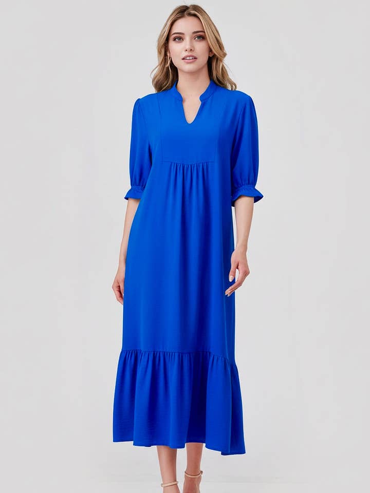 PLUS SIZE Mbt- 7001 Aubrey Midi Ruffle Sleeve Dress Blue for wholesale by Pixi + Ivy