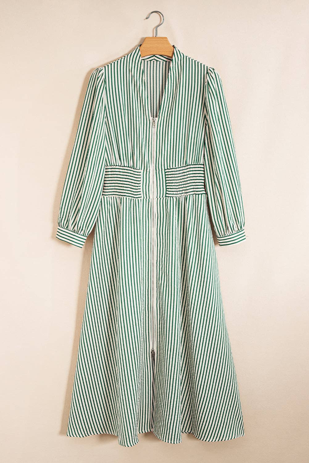 Lovesoft - Wholesale Dress - Women's - Green Stripe V Neck Zip Front Cinched High Waist Midi Dress3