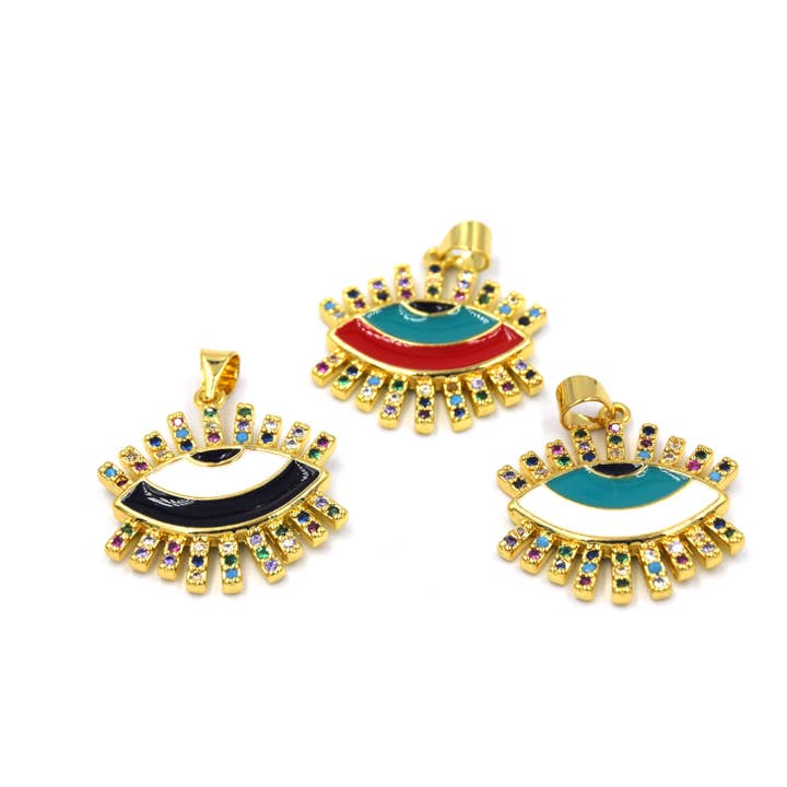 18mm Evil Eye Enamel Pendant with CZ Rays for wholesale by Only Beads