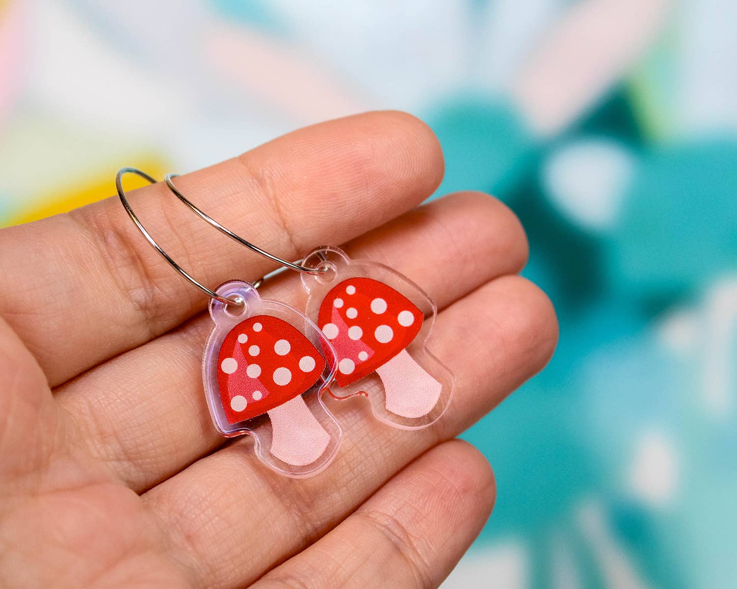 Paper Pattern Silk - Wholesale Dangle Earrings - Red Capped Mushroom Earrings, Cute Nature Dangles5