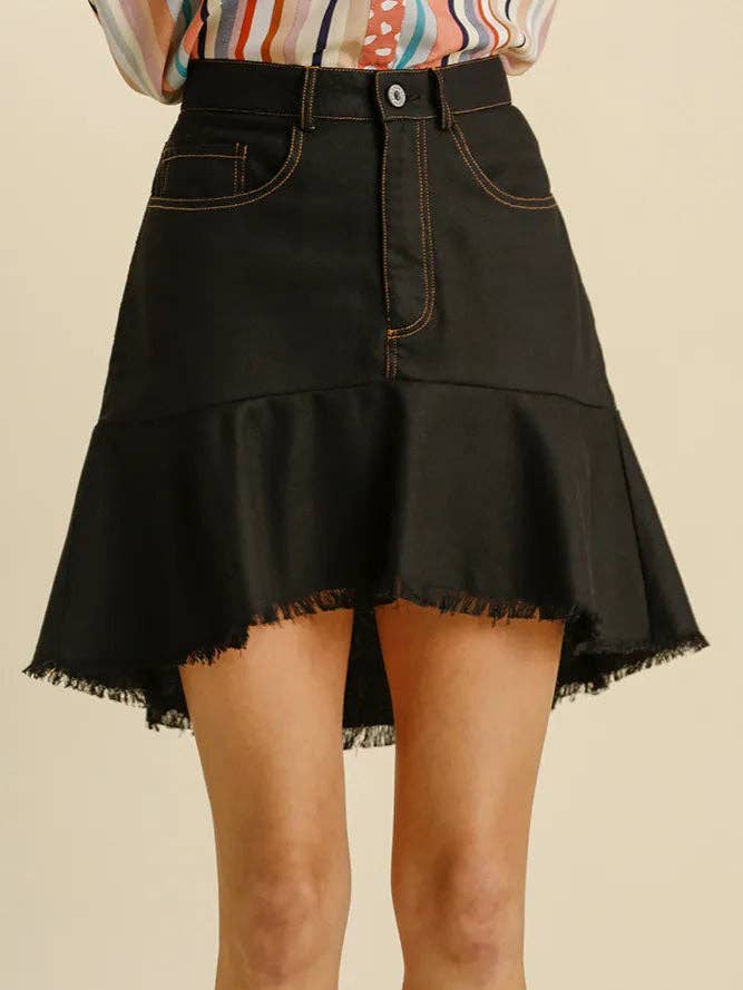 Umgee Linen Blend 5 Pockets High Low Skirt with Frayed Hem for wholesale by Garden Naked