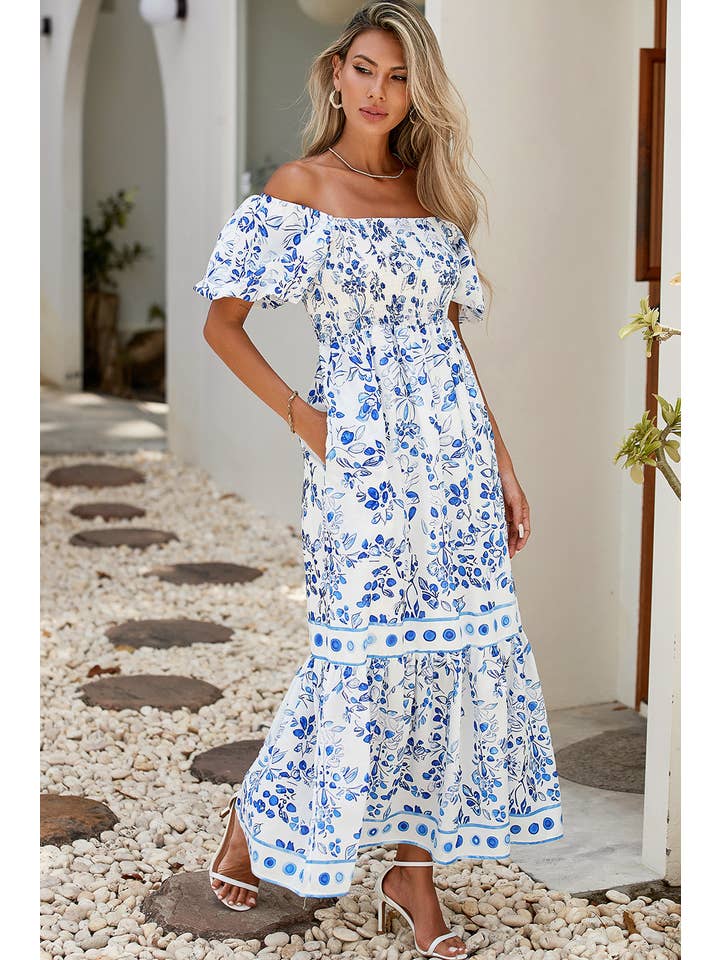 Sky Blue LDC Floral Print Square Neck Bubble Sleeve High Waist Dress for wholesale on Faire