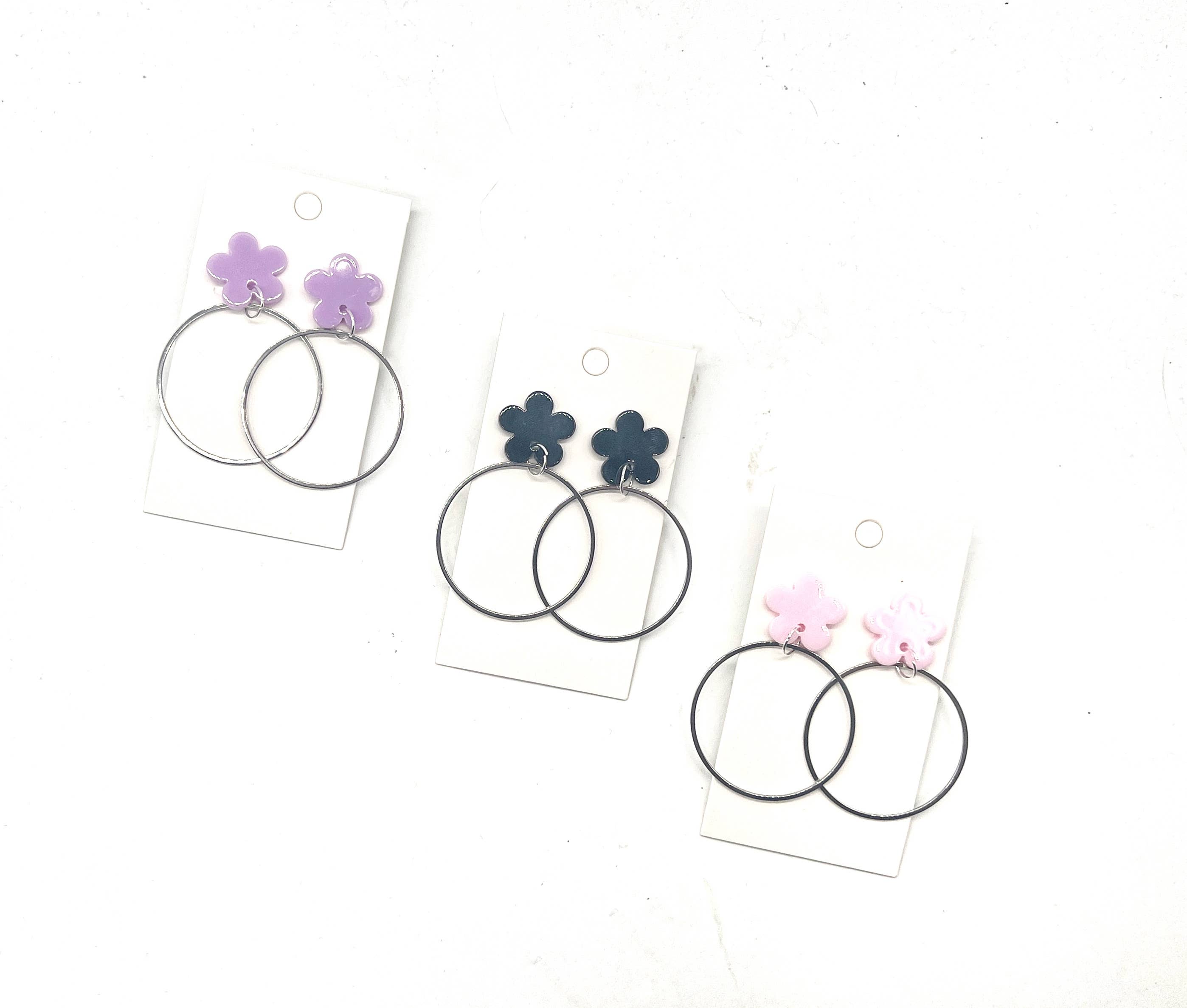 Baubles by B - Wholesale Dangle Earrings - Black Blossom Flower Silver Hoop Earrings9
