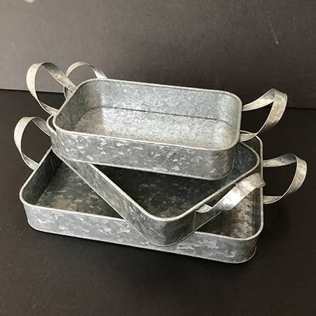 India Handicrafts Inc - Wholesale Serving Tray - Galvanized Tin Rounded Rectangle Trays w/ Handles S/34