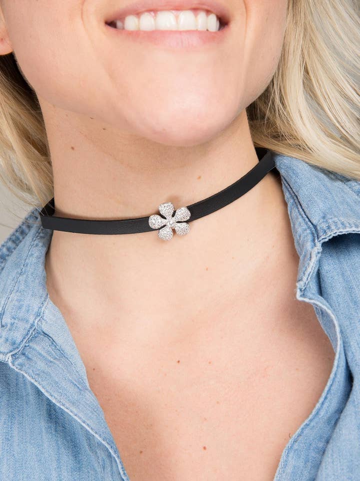 Dainty Crystal Flower Charm Leather Choker Necklace for wholesale by Veroma Gifts