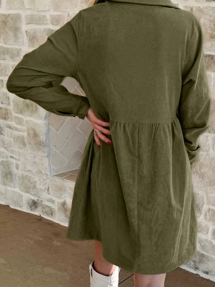 FULL TIME PURCHASE - Wholesale Dress - Women's - Corduroy Half Button Collared Long Sleeve Mini Dress4