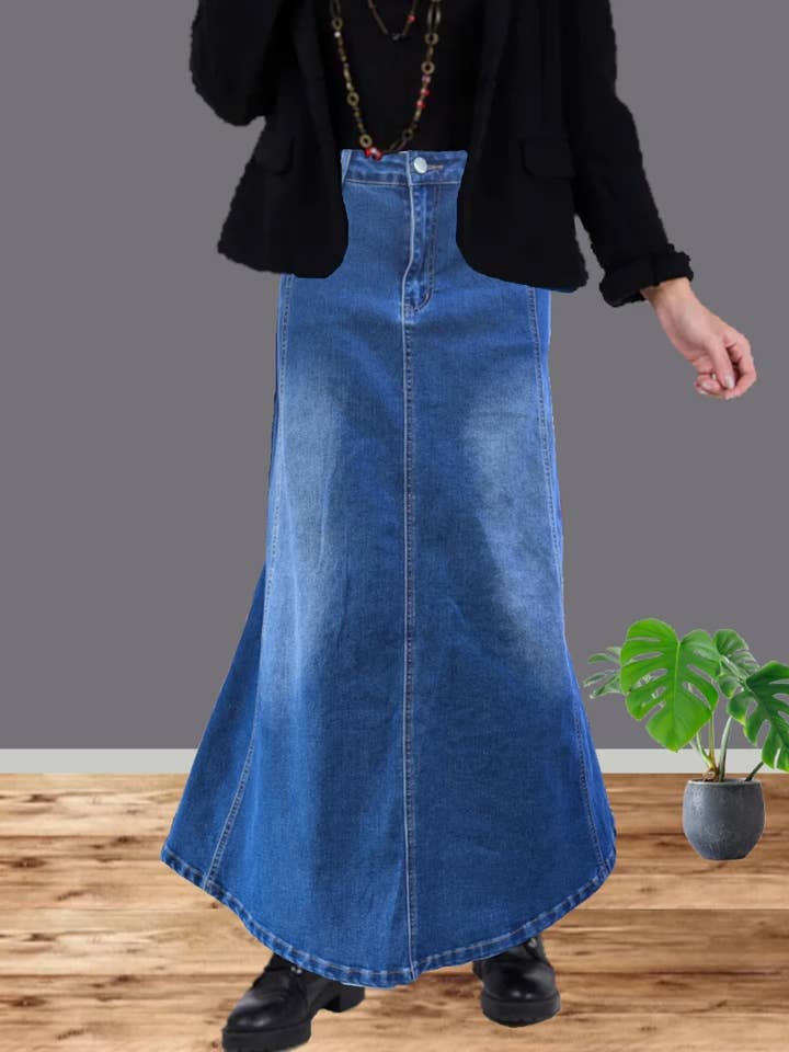 Womens Stretch Denim Maxi Skirt Long Flared Jeans Skirt for wholesale by Mir Apparel
