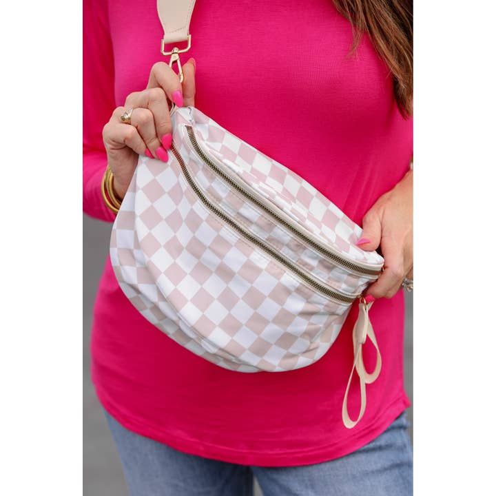 PREORDER-Running Errands Bum Bag, Neutral Checkered for wholesale on Faire