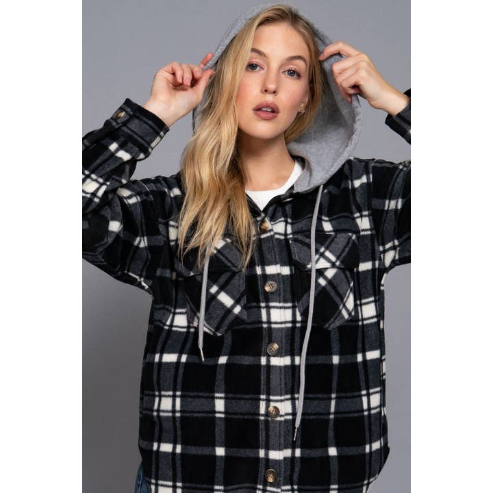 PLAID PRINT HOODIE FLEECE JACKET SHACKET w POCKETS for wholesale by Style Up