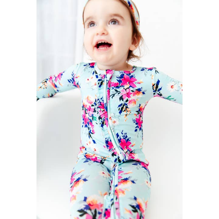 Dreamiere - Vente Grenouillère – bébé - Pyjama convertible à volants en bambou Aqua Floral In Full Bloom4