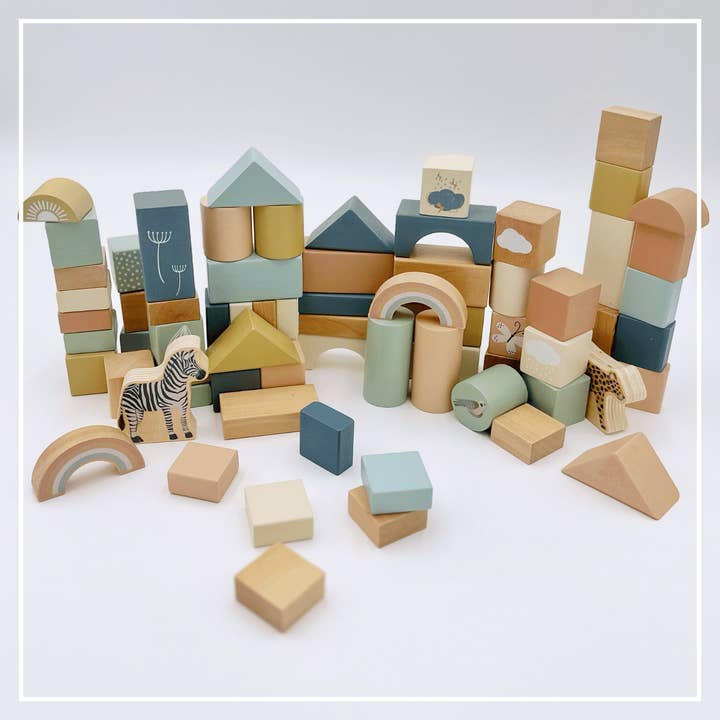 OmaOmaOma! - Wholesale Blocks - Kids Baby - Wooden Building Blocks 70pc - Natural Wood Block Set Ages 2+3