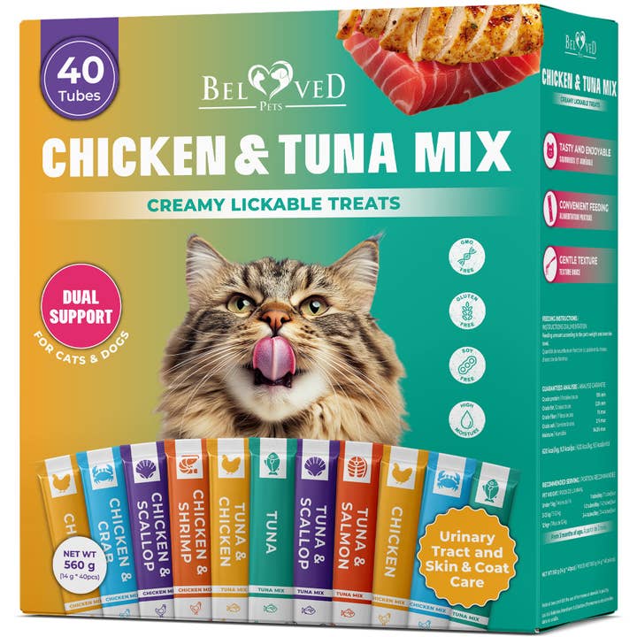 Creamy Lickable Cat Treats & Wet Squeeze Tubes – Tuna Mix, Liquid Cat Snacks, Urinary Care, Multivitamin Treats for Cats & Small Dogs, Lick Up (10 Ounce (Pack of 1), Tuna + Chicken Mix 40 Sticks) for wholesale by Beloved Pets
