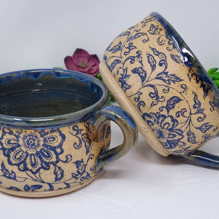Turtle Hollow Pottery - Vente Bol - Bol à soupe florale bleu victorien rustique0