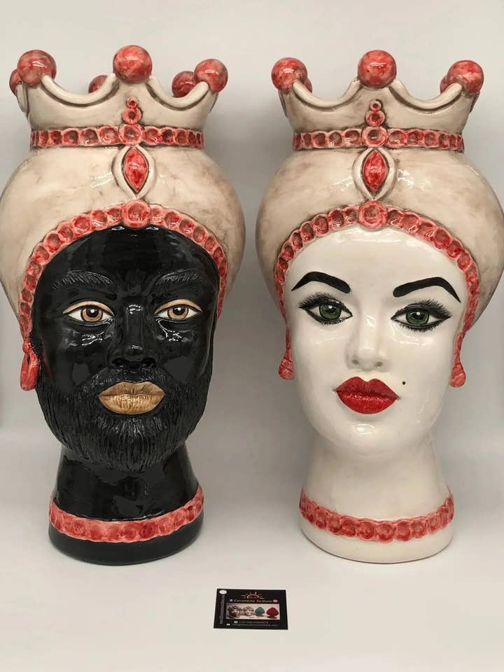 Luis Caltagirone Ceramic Moor's Heads cm H.44 L.23 Handcrafted Smooth Red Ecru Turban for wholesale by DD Ceramiche Siciliane