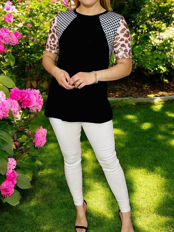 GJQ10064 Checkered & leopard & black raglan sleeve top for wholesale by luluclothes