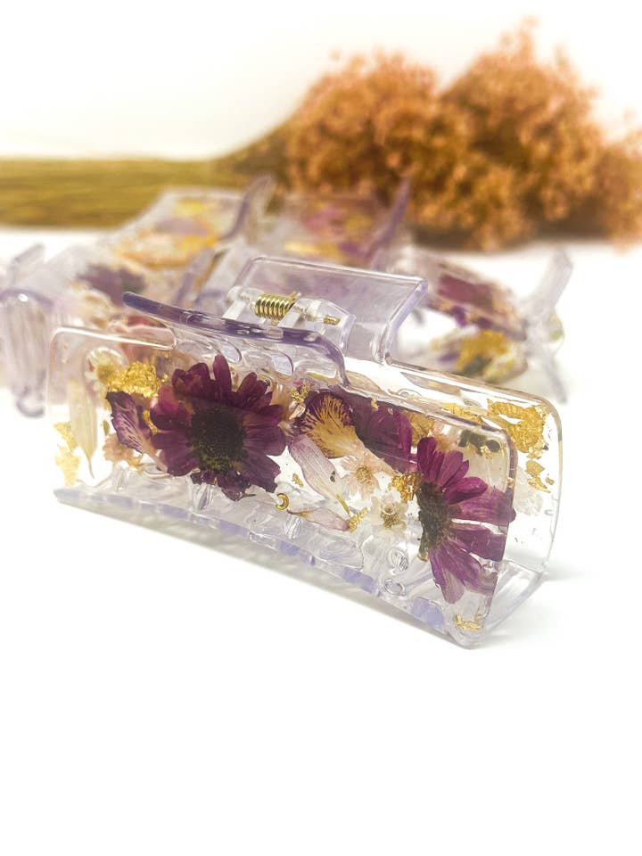 Clear Claw Clips Fully Covered in Pressed Flowers for wholesale by AlwaysJean