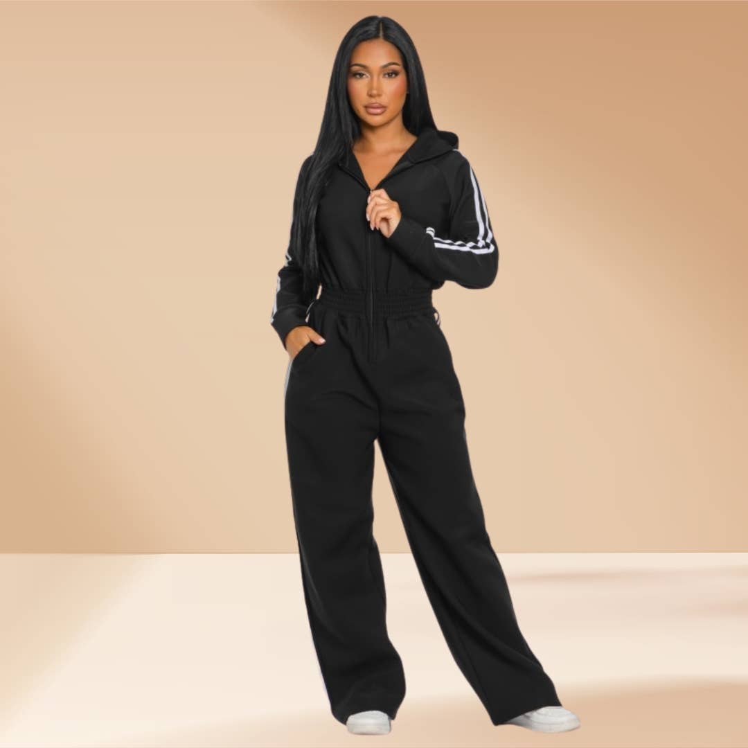Celystrends - Wholesale Jumpsuit - Women's - Jumpsuit Hooded Lined Fleece Side Stripes 20