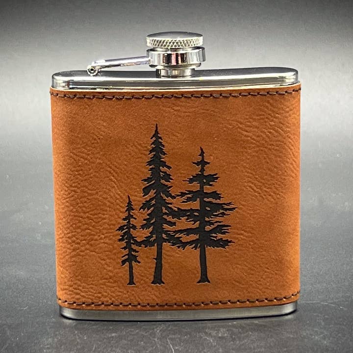 3 Trees - 6 oz Leatherette Wrapped Flask for wholesale by Adirondack Etching LLC