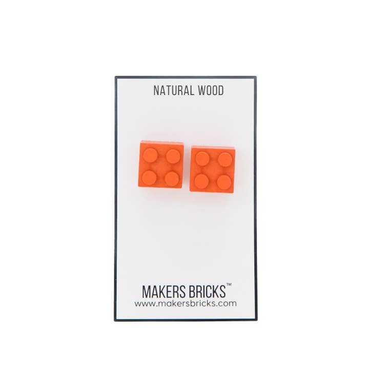 Timber Brands - Venta al por mayor Pendientes de botón/aretes de poste - PENDIENTES DE TUERCA DE MADERA CON FORMA DE LADRILLO, 2 UNIDADES, COLOR NARANJA2
