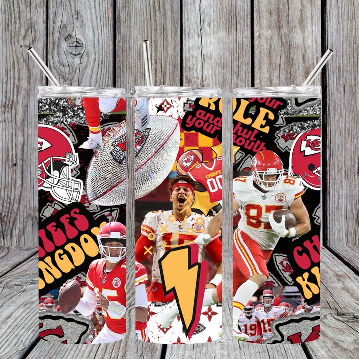 KC Chiefs Kingdom Football Bling 20oz Skinny Tumbler for wholesale by Dogwood Graphics & Design