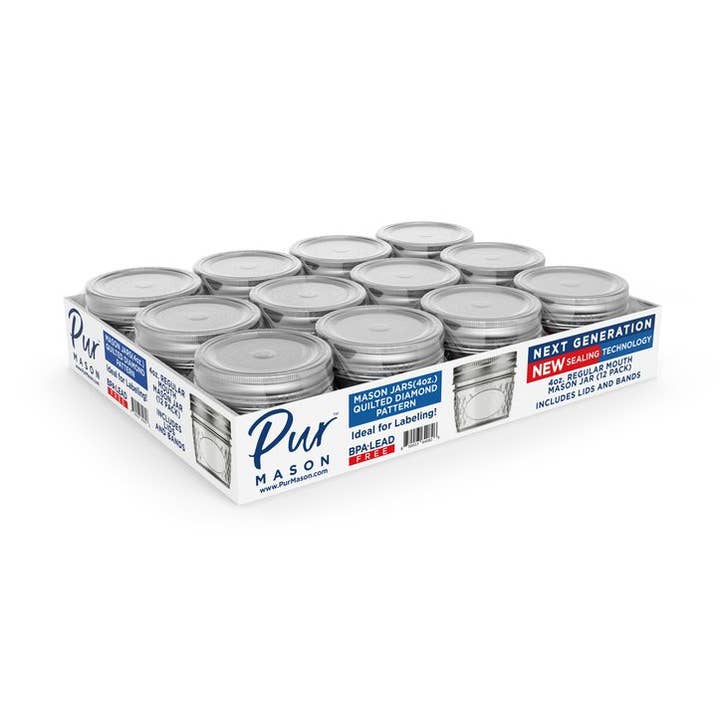 4oz Mason Jar with Lid, Diamond Design - 12 Pack for wholesale by Pur Mason