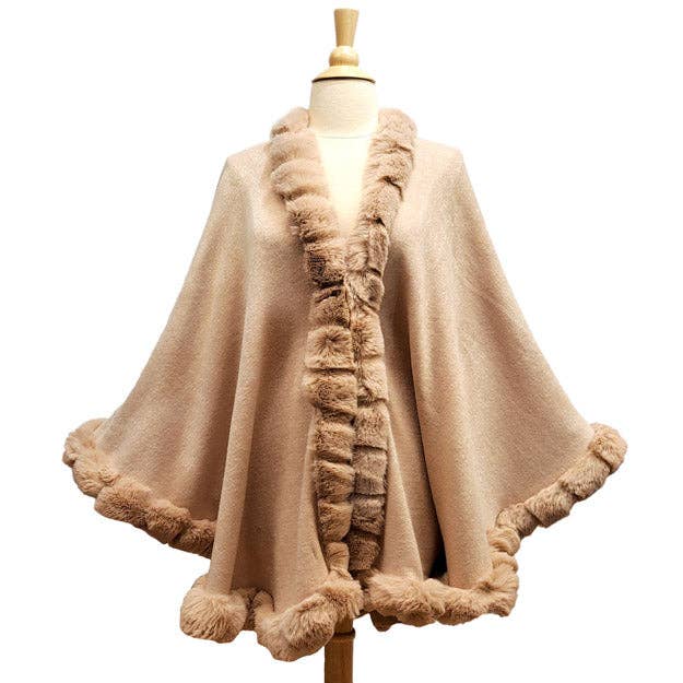 Madeline Love - Wholesale Poncho - Women's - Elegant Faux Fur Trim Knit Poncho Ruana Cape