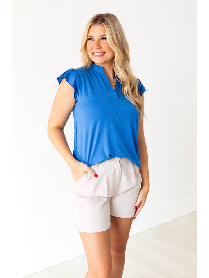 The Nicole V-Neck Top, Blue for wholesale on Faire