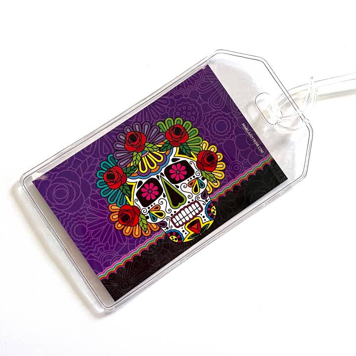 Sugar Skull Flora Vinyl Luggage Tag for wholesale by The Art of Pamela Joy Trow