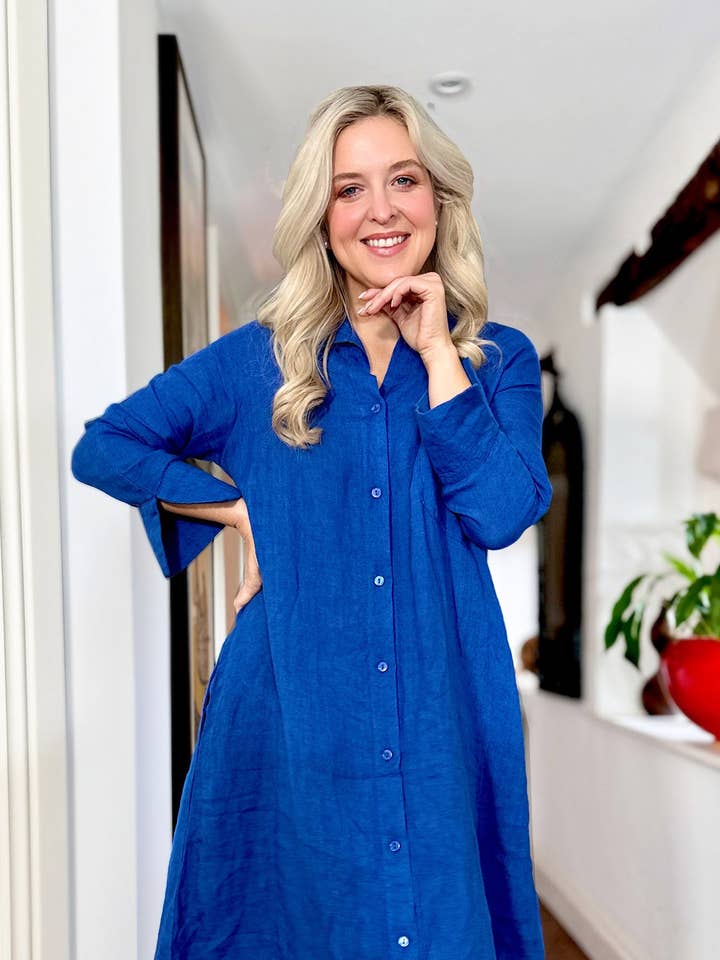 Lucy Linen Shirt Dress - Sapphire for wholesale by Rosehip Design