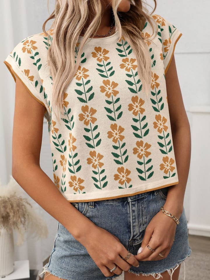 FULL TIME PURCHASE - Wholesale Knit Sweater - Women's - Floral Knit Short Sleeve Crew Neck Pullover Short Sweater