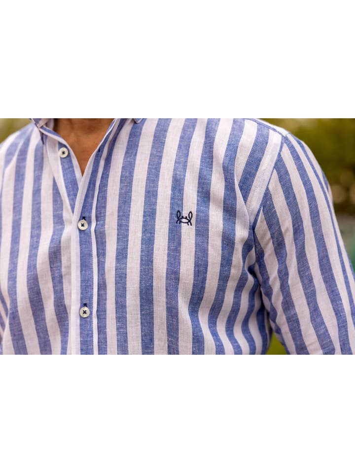 Custi Mikelo: Made in Spain - Wholesale Button Down Shirt - Men's - Blue Striped Linen Shirt | Baza3